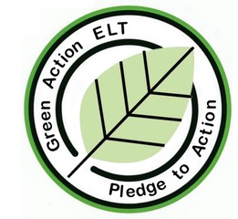 Green Action ELT Pledge to Action badge with image of leaf in the centre of two circles.